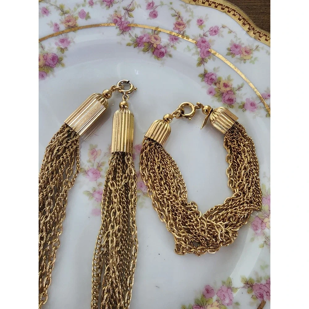 Sarah Coventry Vintage Gold Multi Strand Waterfall Necklace Bracelet Set Bold